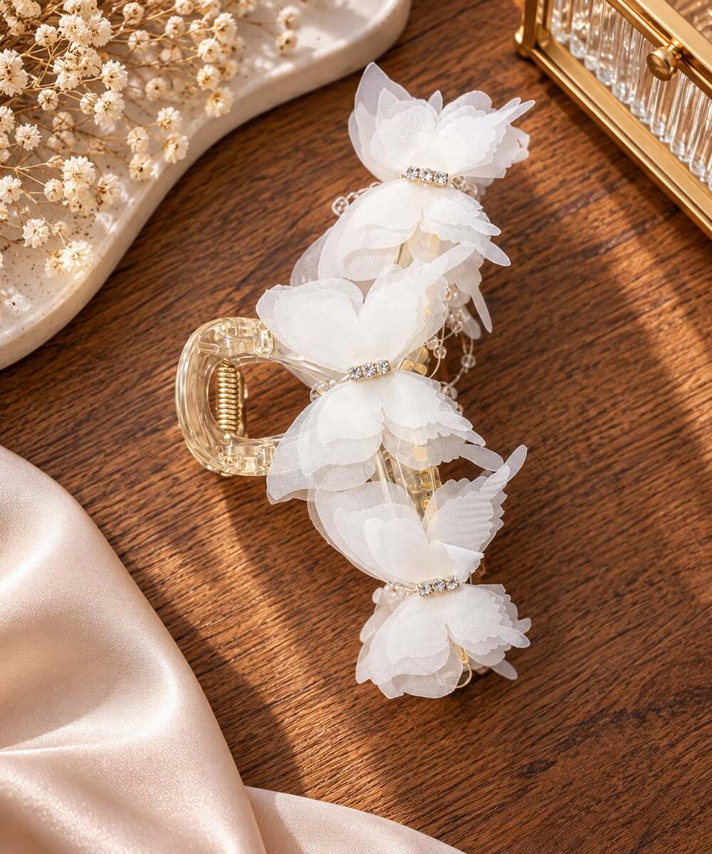Romantic Bridal Butterfly Claw Clip White Floral Pearl Statement Hair Clip